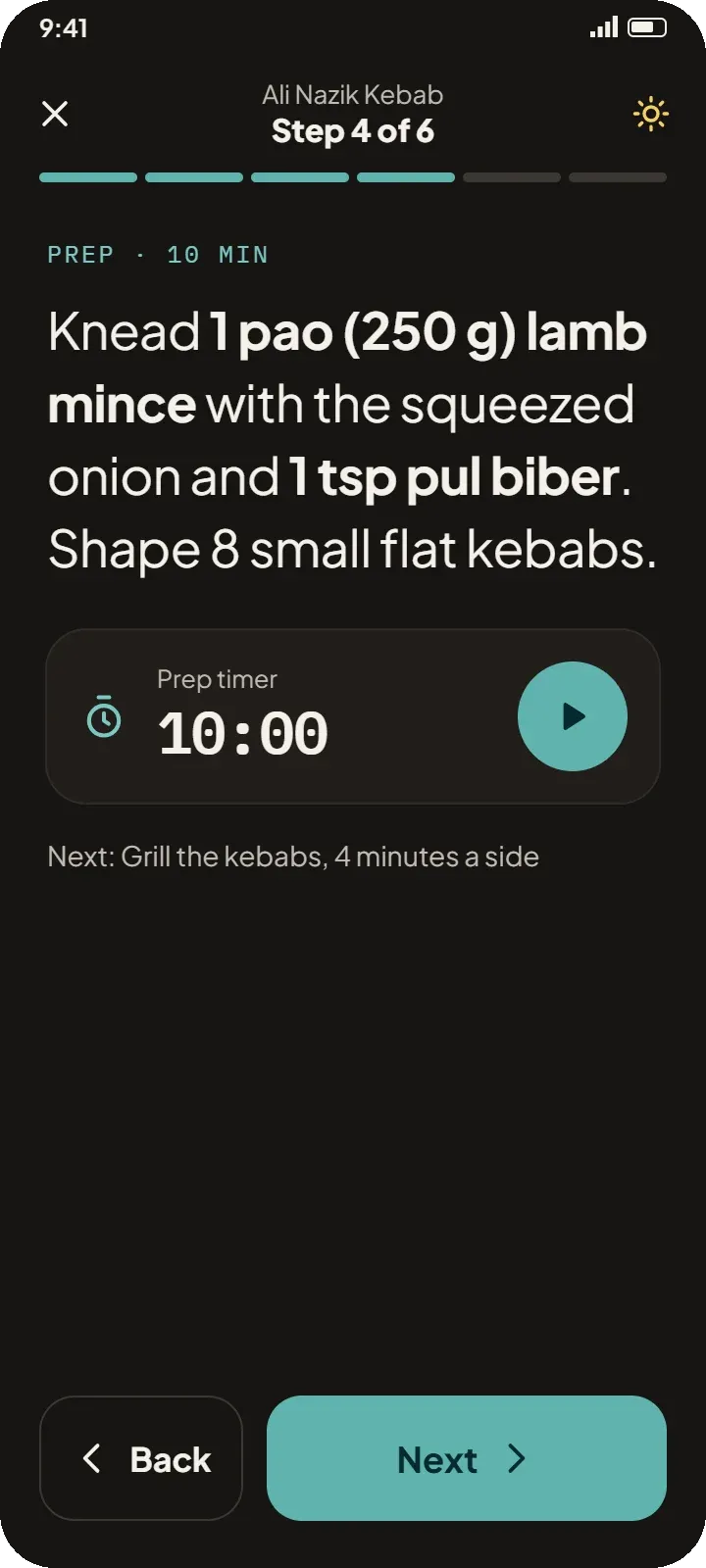SmartBite app: cook mode step with a timer