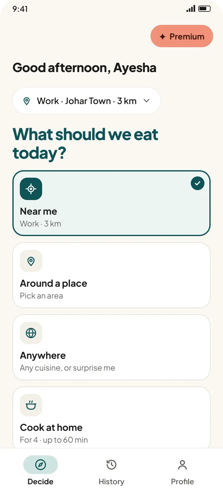 SmartBite app: Decide screen with Near me, Around a place, Anywhere and Cook at home