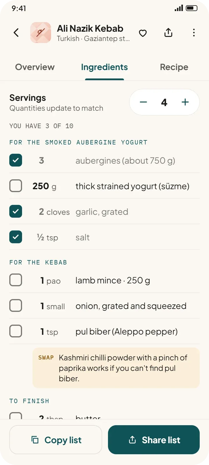 SmartBite app: ingredients list with servings control