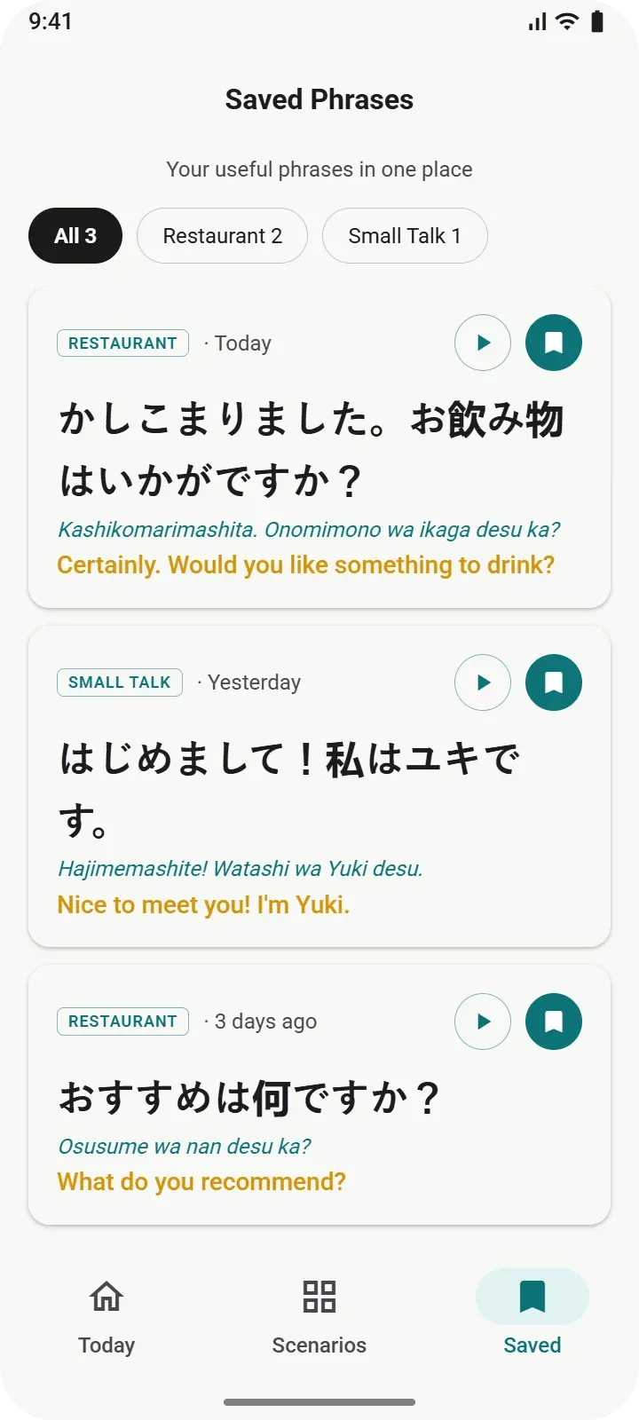 Speakly app: saved phrases filtered by scenario