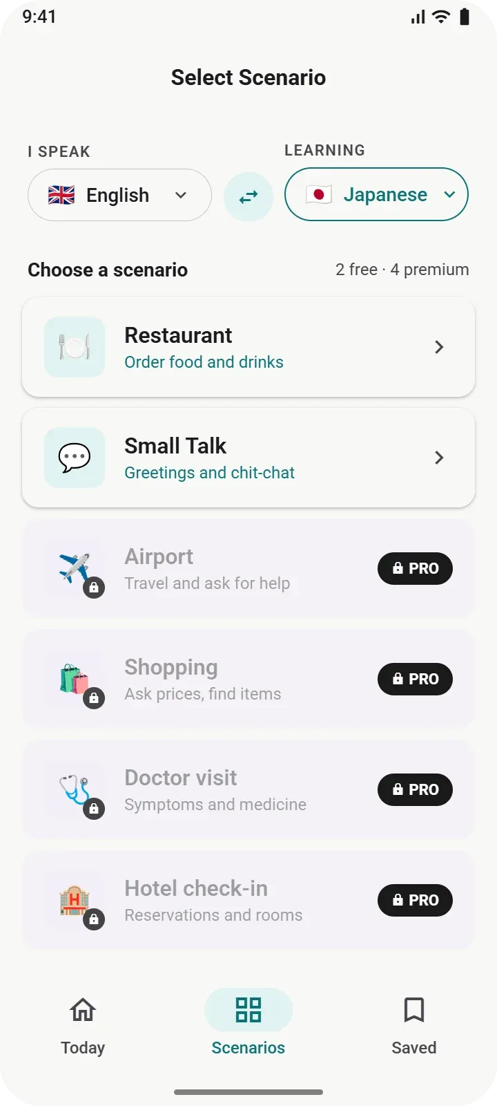 Speakly app: Select Scenario screen
