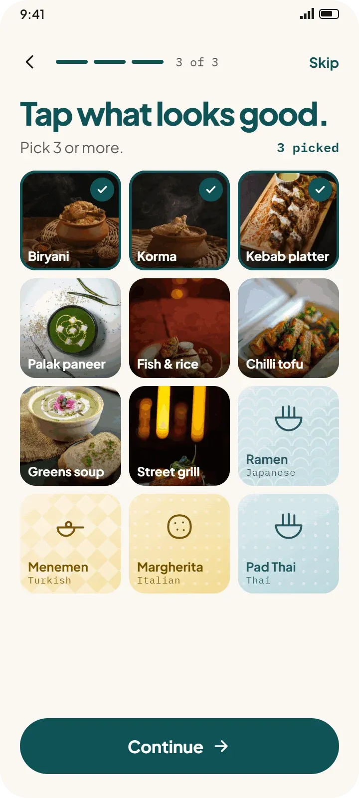 SmartBite app: taste test, tap the dishes that look good