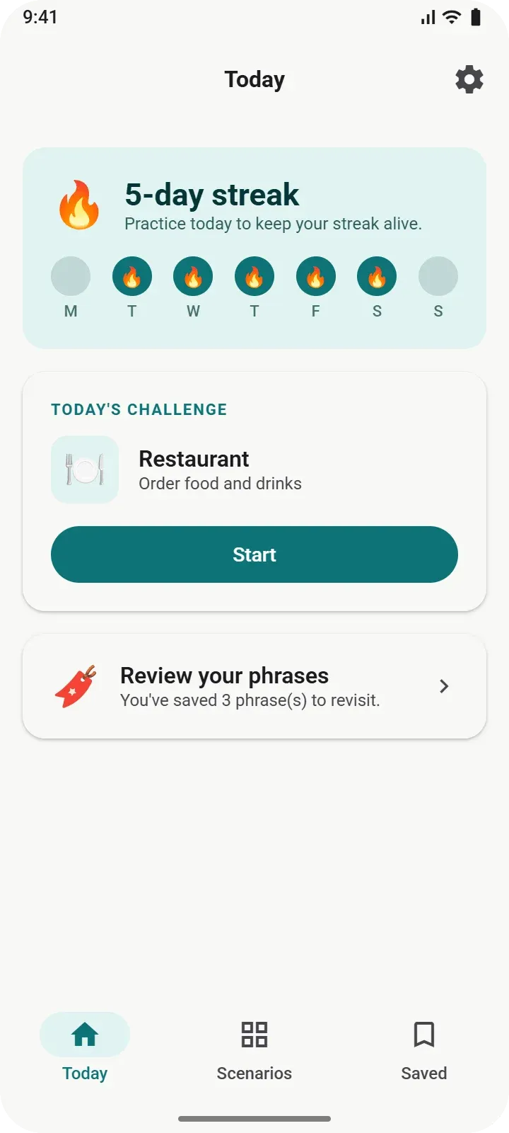 Speakly app: Today tab with streak and daily challenge